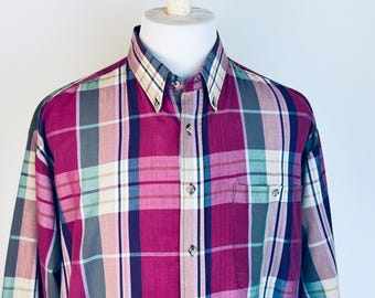 Vintage 1990s Functionals Plaid Shirt Size L 16–16.5 – Burgundy Green Navy Cotton Blend Long Sleeve Retro