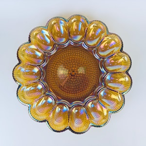 Vintage Carnival Glass Devilled Egg Plate - Scalloped Edge + Hobnail Bottom