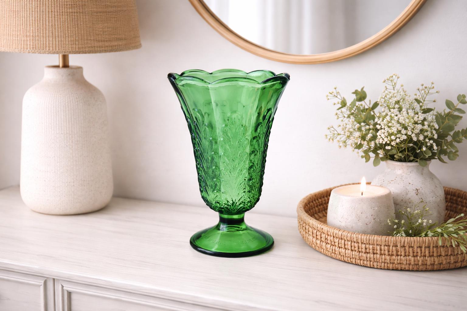 Vintage Green Trumpet Vase – Emerald Pedestal Glass Vase by E.O.
