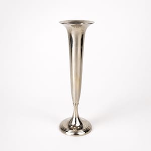 May include: A tall, slender silver-toned metal bud vase with a flared trumpet-shaped opening at the top. The vase features a smooth, polished surface that tapers down to a narrow neck, resting on a circular, stepped base for stability and balance.