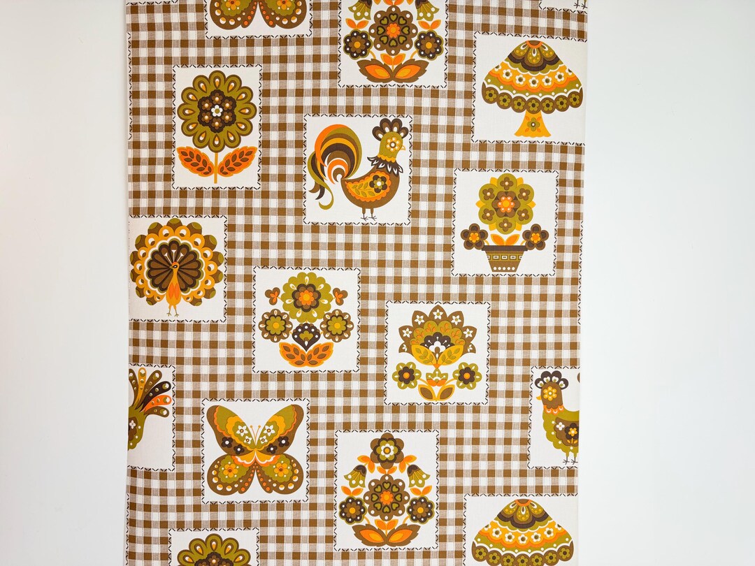 Vintage 1970s Brown & Orange Gingham Vinyl Coated Wallpaper - Country ...