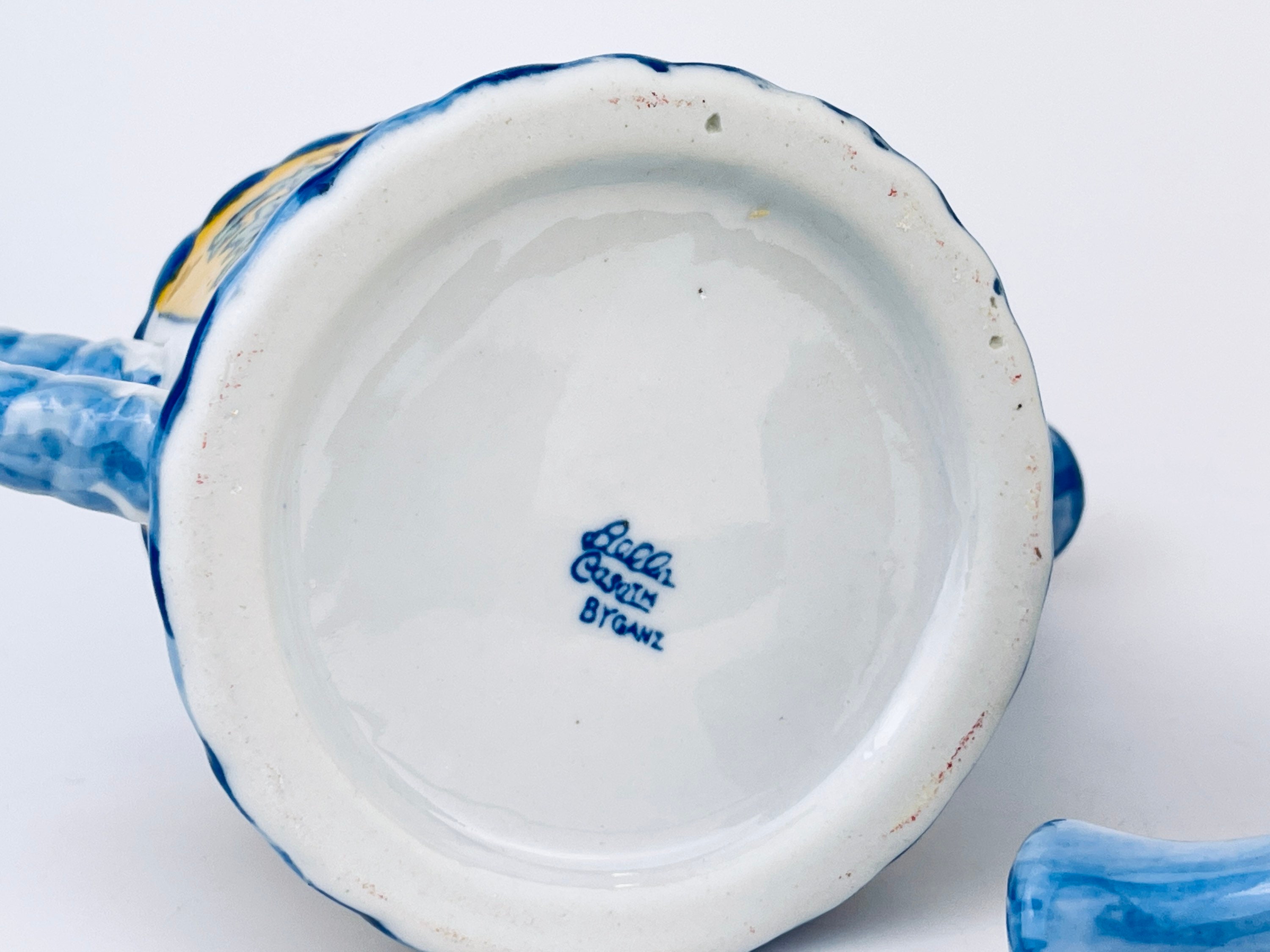 ヴィンテージ ハンドペイント ブルー + イエロー 花柄 陶器 じょうろ