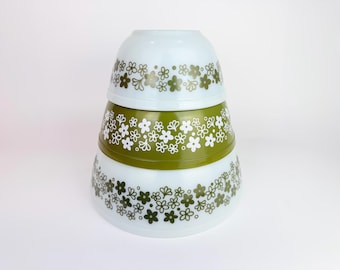 Vintage Spring Blossom Green & White PYREX Glass Mixing Bowl Set - Crazy Daisy Pyrex
