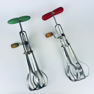 Vintage &#39;A&J&#39; Metal + Red/Green Wood Manual Double Whisk - High Speed Super Center Drive Beater - Made In USA - Sold Separately