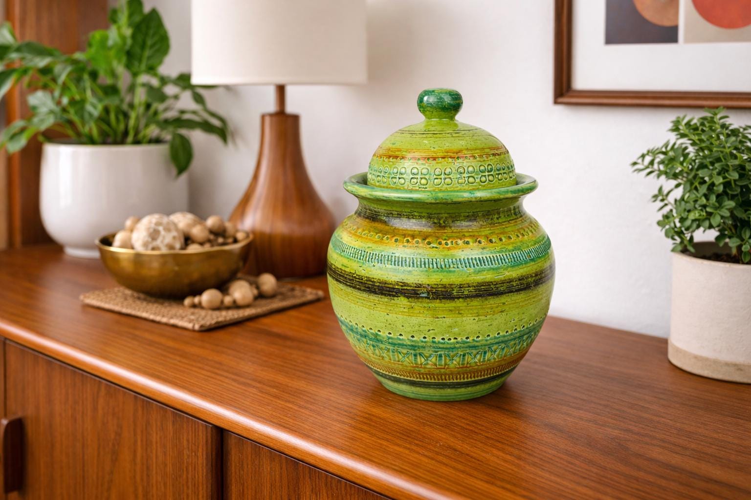 Vintage & Rare Aldo Londi 'bitossi' Green 'sgraffito' Lidded Jar
