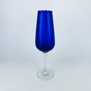 Vintage Cobalt Blue Twisted Clear Stem Glass Vase - Made In Japan