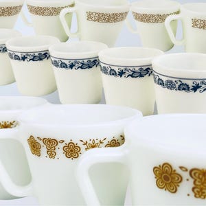 Vintage Pyrex Milk Glass Mugs – 1970s White Opal Coffee Cups - Old Town Blue, Butterfly Gold, Woodland Pattern – Sold Individually Or Sets