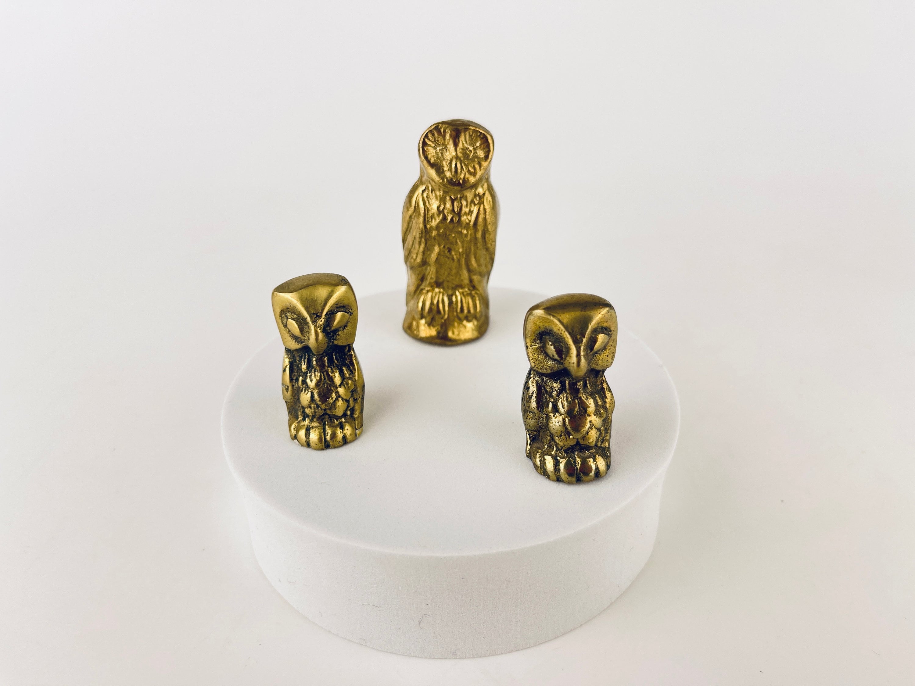 Vintage Small Solid Brass Owl Tabletop Figurines - Attractive Aged Metal Patina - Sold Separately -