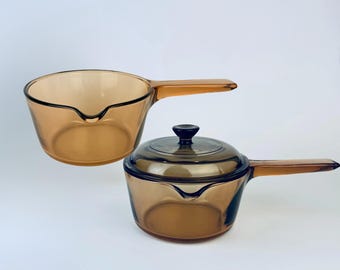 Vintage 'Vision' Corning Ware Bernsteinbraun Glas Saucen Pfanne - Made in Frankreich & USA - Stove-to-Table Kochgeschirr - jeweils separat erhältlich