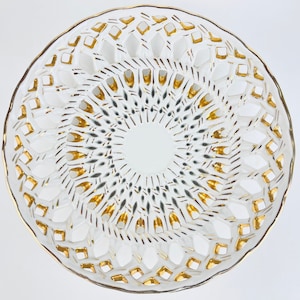 Vintage Hand Painted White + Gold Reticulated Decorative Porcelain Bowl