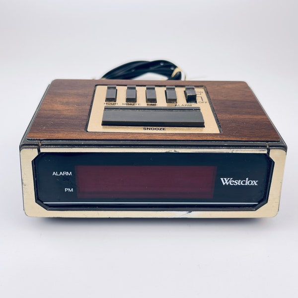 Vintage Westclox Alarm Clock - Model 22644 - Brown ‘Wood’ Pattern + Gold Face - Manual Hour/Time Adjustment - Red Number Lettering