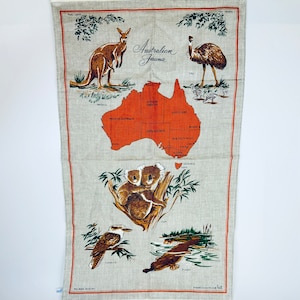 Paño de cocina de lino puro con diseño de fauna australiana vintage. Paño llamativo. Diseñado en Australia por Heil.