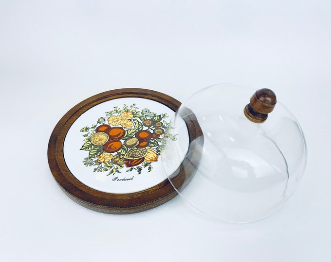 Vintage 'Goodwood' Cheese Cloche/Charcuterie Cracker Dome/Server - 60's Ceramic Tile With 'Berry/Nut/Flower' Pattern + Plastic Dome