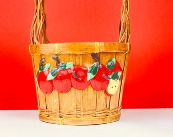 Vintage Country Orchard Wicker Basket With Handle - Red Apple Scene