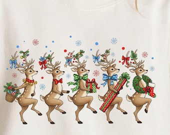Dancing Reindeer Christmas Sweatshirt, Gifts and Bows holiday Hoodie, Funny Festive Shirt for Women, Xmas Gift for her, Ugly Xmas sweater
