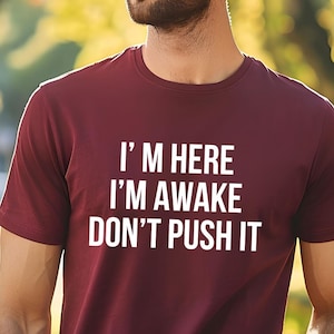 I&#39;m Here I&#39;m Awake Don&#39;t Push It Shirt, Funny Gamer Shirts With Sayings, Funny Birthday Tee Gift, Funny Teen Quotes, Funny Gifts for Friend