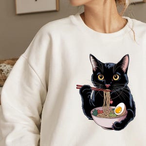 Chemise chat nouilles, T-shirt chat ramen, chemises pour gourmets, t-shirts nouilles chat noir, t-shirts chat rétro, sweat-shirts amoureux des chats, t-shirt chat noir