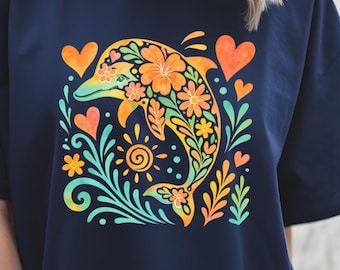Colorful Boho Dolphin Shirt, Floral Animal Tee, Summer Ocean Lover Shirt, Cute Beach Vacation Shirt, Sea Life Gift Idea, boho beach shirt