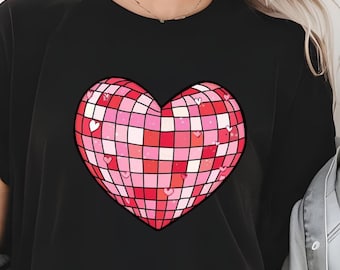 Camiseta del día de San Valentín, camiseta de novia, camiseta de corazón con bola de discoteca, camisetas del día de San Valentín para mujeres, linda camiseta de San Valentín, camisetas de San Valentín para maestros,