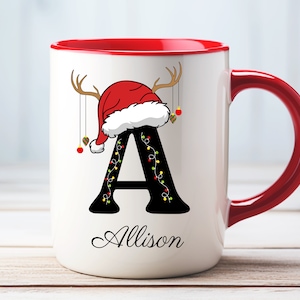 Taza con monograma navideño personalizado, taza con inicial personalizada y nombre, regalo navideño personalizado para mamá, papá, hermano, hermana, tío, abuela