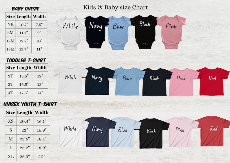 Puede incluir: Una tabla de tallas para bodies de beb&eacute;, camisetas para ni&ntilde;os peque&ntilde;os y camisetas unisex para j&oacute;venes. La tabla incluye medidas en pulgadas para largo y ancho. Los bodies de beb&eacute; est&aacute;n disponibles en blanco, azul marino, azul, negro y rosa.