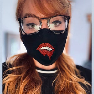 Rocky Horror, Bite Lip, Dripping, Mouth, Sparkle, Metallic, Embroidery, Black, Face Mask