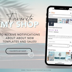 May include: A screenshot of an Etsy shop page for TravelAgentEssential, a shop with over 3,000 sales. The shop sells digital templates for travel agents. The shop's announcement reads "Hi! I'm an experienced travel agent who created this shop to help your travel business truly take off. My goal is to help you create a brand that is both professional and personal." The shop's featured item is a printable travel agent planner with a pink and blue color scheme. The text "TRAVEL AGENT PLANNER" is printed on the planner. The image is set against a background of a beach with a sunset.