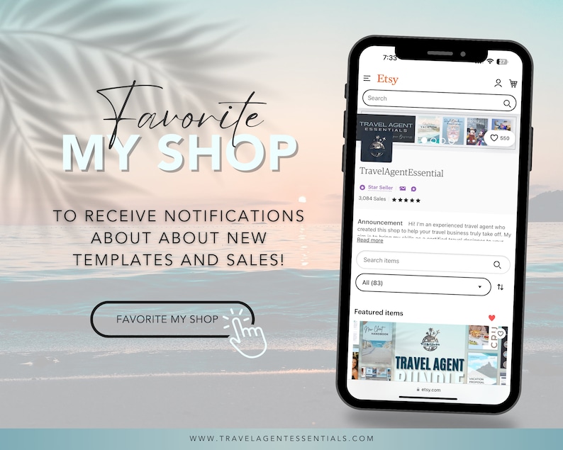May include: A screenshot of an Etsy shop page for TravelAgentEssential, a shop with over 3,000 sales. The shop sells digital templates for travel agents. The shop's announcement reads "Hi! I'm an experienced travel agent who created this shop to help your travel business truly take off. My goal is to help you create a brand that is both professional and personal." The shop's featured item is a printable travel agent planner with a pink and blue color scheme. The text "TRAVEL AGENT PLANNER" is printed on the planner. The image is set against a background of a beach with a sunset.