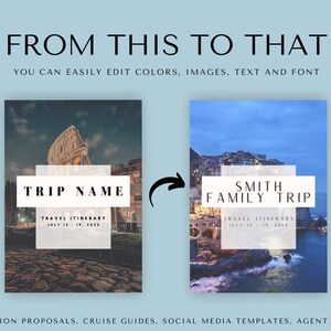 May include: A before and after image showing how to customize a travel itinerary template. The original template has the text "TRIP NAME" and "TRAVEL ITINERARY" with a placeholder date. The customized template has the text "SMITH FAMILY TRIP" and "TRAVEL ITINERARY" with a date. Both templates feature a scenic background image.