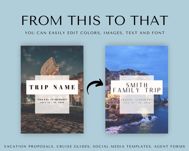 May include: A before and after image showing how to customize a travel itinerary template. The original template has the text "TRIP NAME" and "TRAVEL ITINERARY" with a placeholder date. The customized template has the text "SMITH FAMILY TRIP" and "TRAVEL ITINERARY" with a date. Both templates feature a scenic background image.