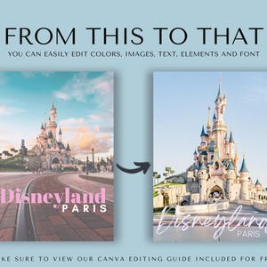 May include: A photo collage showing the difference between a before and after image. The before image shows a photo of the Disneyland castle in Paris with a pink and white text overlay that says "Disneyland Paris". The after image shows the same photo with a more stylized, handwritten font in pink that says "Disneyland Paris".