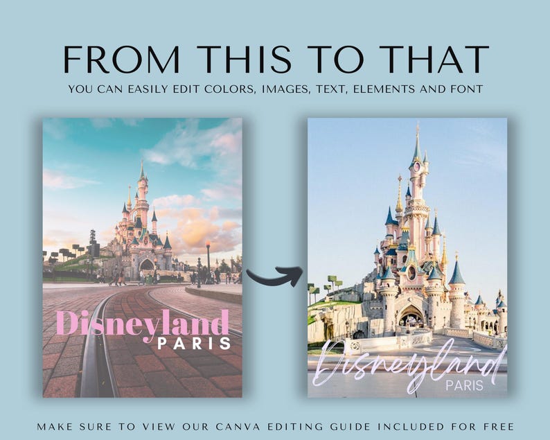 May include: A photo collage showing the difference between a before and after image. The before image shows a photo of the Disneyland castle in Paris with a pink and white text overlay that says "Disneyland Paris". The after image shows the same photo with a more stylized, handwritten font in pink that says "Disneyland Paris".