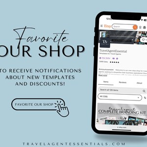 May include: A screenshot of an Etsy shop page for TravelAgentEssential, a shop selling templates for travel agents. The shop has over 2,000 sales and a 5-star rating. The shop's announcement welcomes visitors to their one-stop shop for travel agents seeking to streamline their business operations. The shop's featured product is a travel agent complete branding kit. The image includes a call to action to favorite the shop to receive notifications about new templates and discounts.
