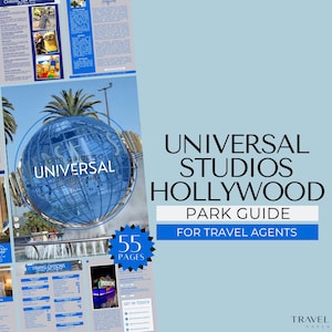 Może przedstawiać: Niebiesko-biały przewodnik po parku Universal Studios Hollywood dla agentów turystycznych. Przewodnik zawiera grafikę globu z napisem "Your Guide to Universal Hollywood". Przewodnik ma 55 stron i zawiera opcje gastronomiczne i porady dotyczące podróży.