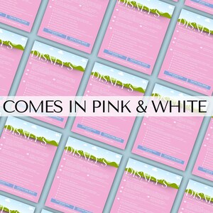 May include: Multiple pink and white printable checklists with the text "DISNEY'S" and "Vacation Checklist & Souvenir List" in a green and white font. The checklists are laid out on a light blue background.