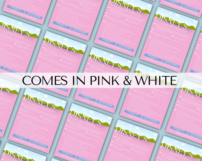 May include: Multiple pink and white printable checklists with the text "DISNEY'S" and "Vacation Checklist & Souvenir List" in a green and white font. The checklists are laid out on a light blue background.