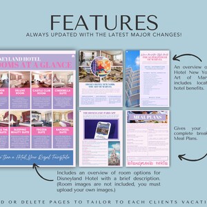 May include: A collage of images showcasing different features of a Disney hotel vacation package. The images include a room options chart, a meal plan chart, and a description of the Disney Hotel New York - The Art of Marvel. The text "FEATURES" is at the top of the image, and the text "ALWAYS UPDATED WITH THE LATEST MAJOR CHANGES!" is below it.