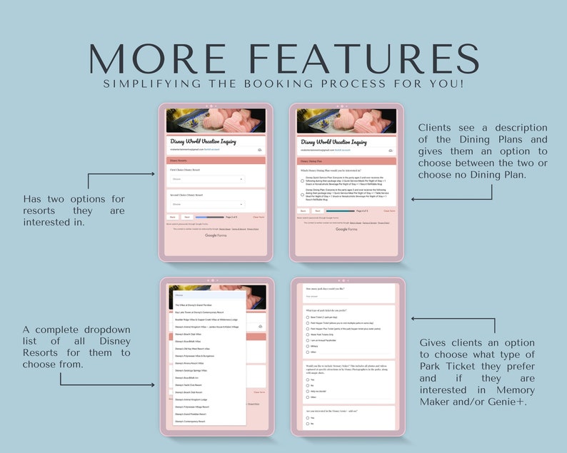 May include: A screenshot of a website showing a form with multiple options for booking a Disney World vacation. The form includes options for choosing a resort, dining plan, park ticket, and Memory Maker or Genie+.