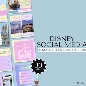 WDW Travel Agent Social Media Templates Pastel, Travel Agent Instagram Flyers, Travel Facebook Templates, Theme Park Flyers, Canva Templates