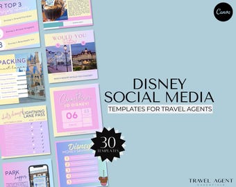 May include: A set of 30 social media templates for travel agents, featuring a pink and blue color scheme with Disney-themed graphics. The templates include tips for packing, a countdown to Disney, and money-saving tips. The text "DISNEY SOCIAL MEDIA TEMPLATES FOR TRAVEL AGENTS" is displayed in black text on a light blue background.