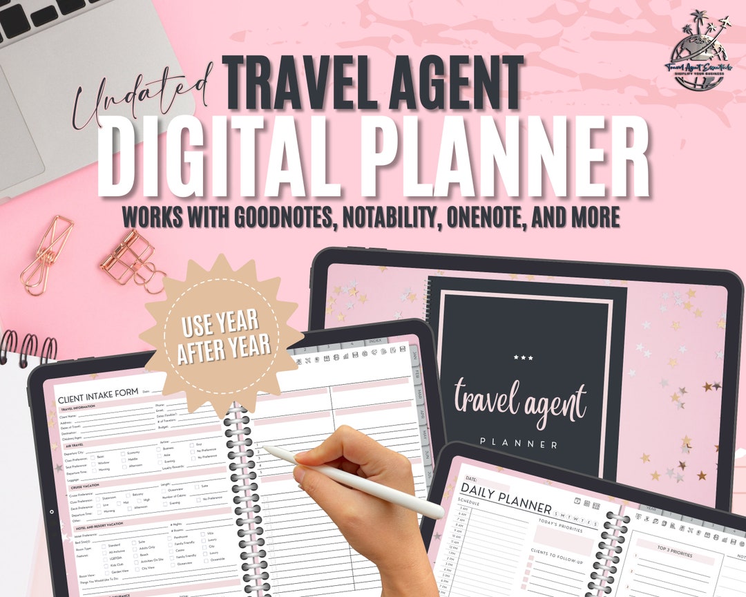 Travel Agent Digital Planner Pink, Undated Planner, Travel Agent