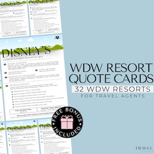 WDW Travel Agent Resort Quote Cards, Theme Park Vacation Quote, Travel Agent Templates, Canva, Bonus Templates