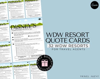 WDW Travel Agent Resort Quote Cards, Theme Park Vacation Quote, Travel Agent Templates, Canva, Bonus Templates