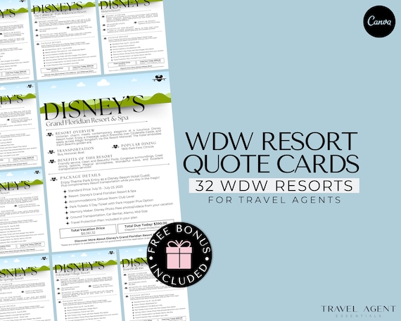 WDW Travel Agent Resort Quote Cards, Theme Park Vacation Quote, Travel Agent Templates, Canva, Bonus Templates