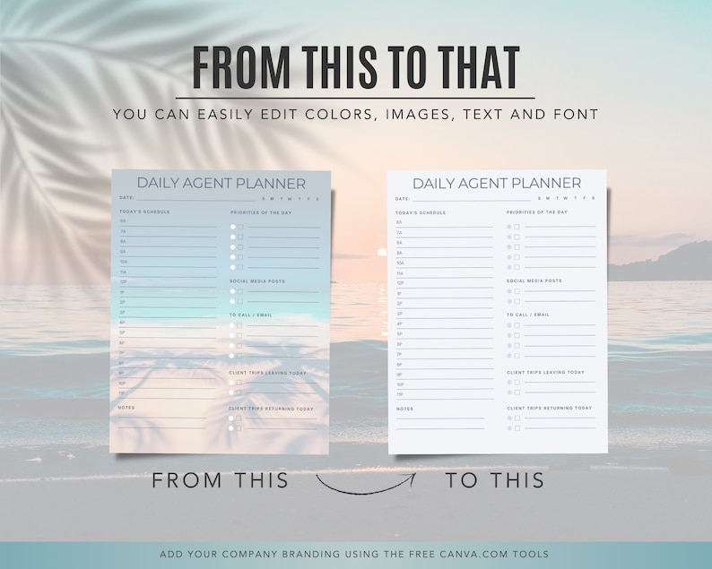 May include: A printable daily agent planner with a beach background. The planner includes sections for today's schedule, priorities of the day, social media posts, to call/email, client trips leaving today, and client trips returning today.