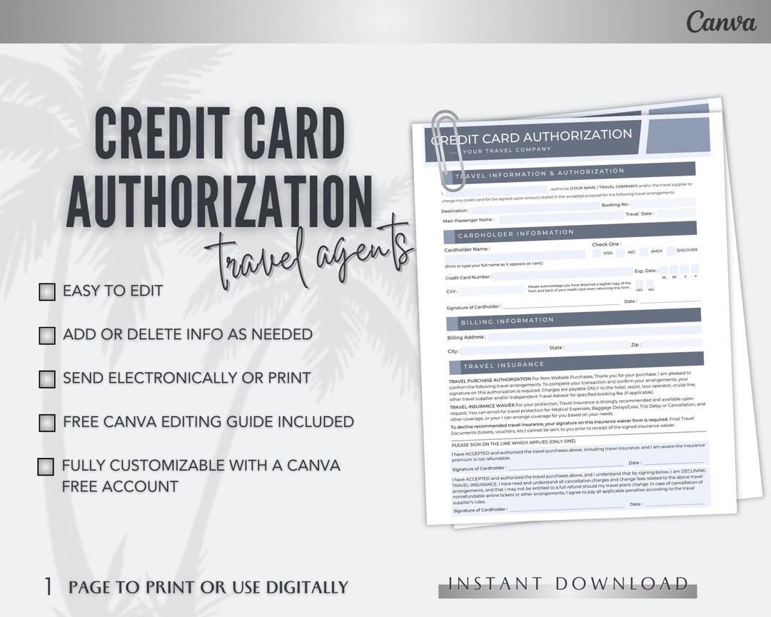 Credit Card Authorization Form Travel Agent Client Forms - Etsy