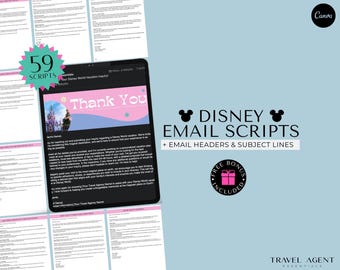 May include: A digital product with 59 scripts for Disney World vacation inquiries. The image includes a tablet displaying a "Thank You" email, and text that reads "Disney Email Scripts + Email Headers & Subject Lines". A bonus gift is included.