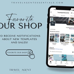 May include: A screenshot of a mobile phone displaying a travel agent shop with a variety of digital products, including templates, bundles, and email headers. The shop has over 10,130 sales and is rated with five stars. The text on the screen reads "TravelAgentEssential" and "Favourite our shop".