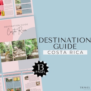 May include: A pink and white digital travel guide for Costa Rica with a photo of a stone staircase in a lush green forest. The guide includes 13 pages of information about the destination, including getting around, fun excursions, and things to avoid.