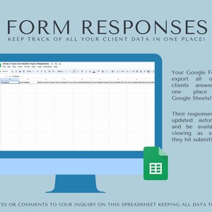 K&ouml;nnte beinhalten: Ein Computerbildschirm zeigt eine Google Sheet mit dem Titel "Disney Cruise Line Vacation Inquiry (Responses)". Der Text "Your Google Form will export all of your clients' answers into one place using Google Sheets!" wird auf der rechten Seite des Bildes angezeigt. Der Text "Their responses will be updated automatically and be available for viewing as soon as they hit submit!" wird unter dem ersten Text angezeigt. Der Text "ADD NOTES OR COMMENTS TO YOUR INQUIRY ON THIS SPREADSHEET KEEPING ALL DATA TOGETHER" wird am unteren Rand des Bildes angezeigt.